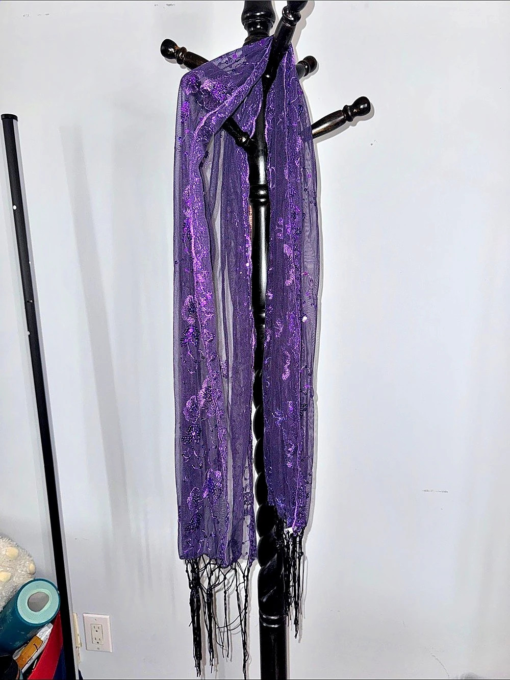 Purple Floral Sequin Fringe Scarf